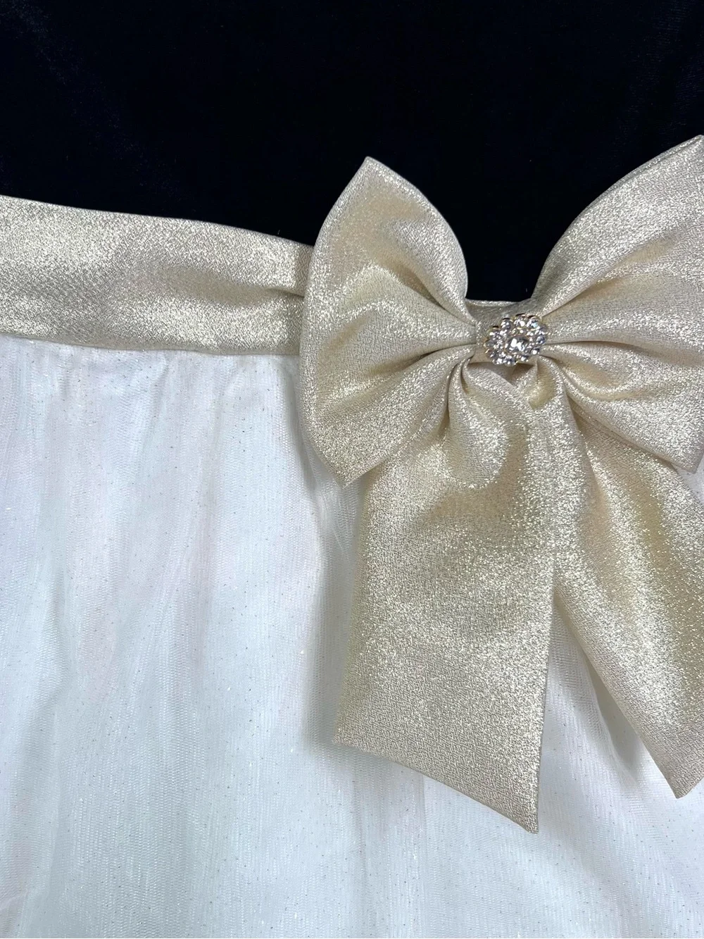 Rare Editions Black Velvet and Cream Tulle Dress Gold Bow and Embroidered Skirt
